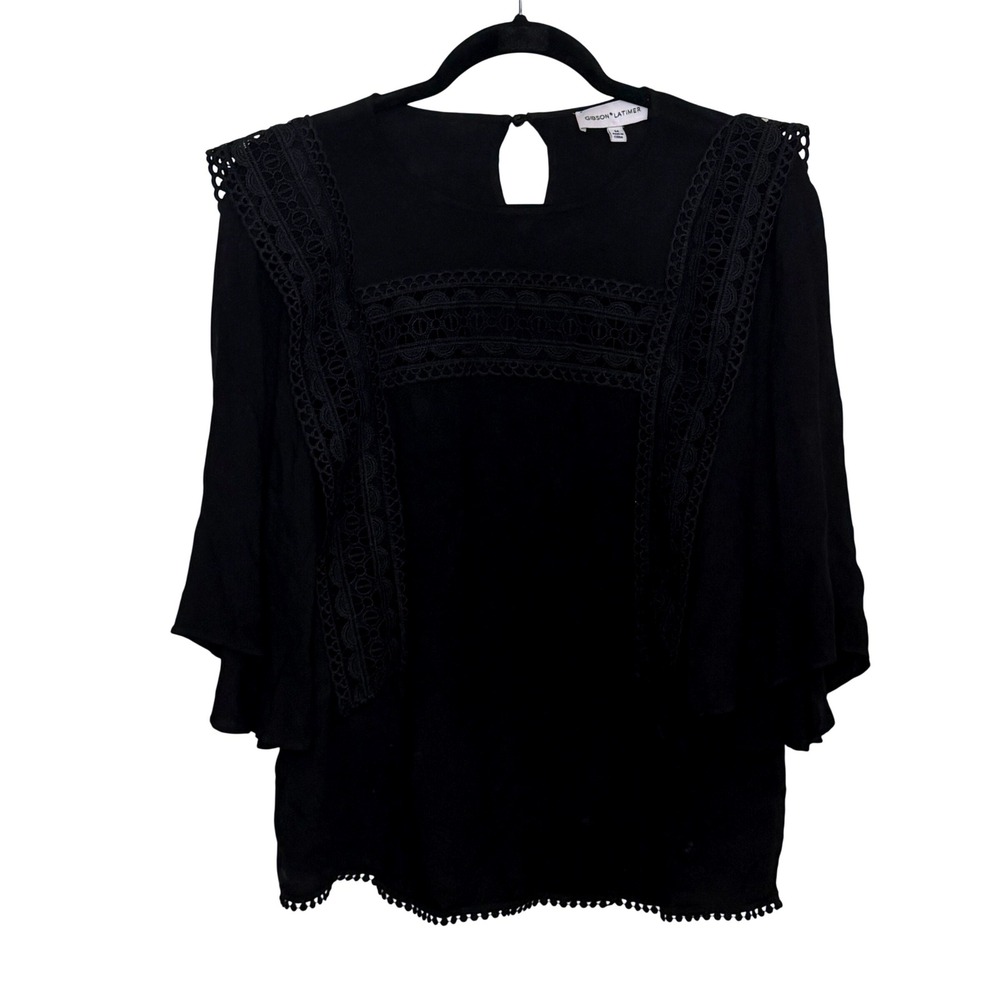 Gibson Latimer Black Crochet Lace Bell Sleeve Blouseโ Top Women Medium